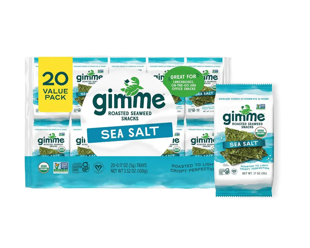 Gimme Organic Non-GMO Premium Roasted Seaweed Snacks - Sea Salt Flavor, 20-Count Crispy Sea Vegetables Sheets, Healthy Meatless Lunch Option