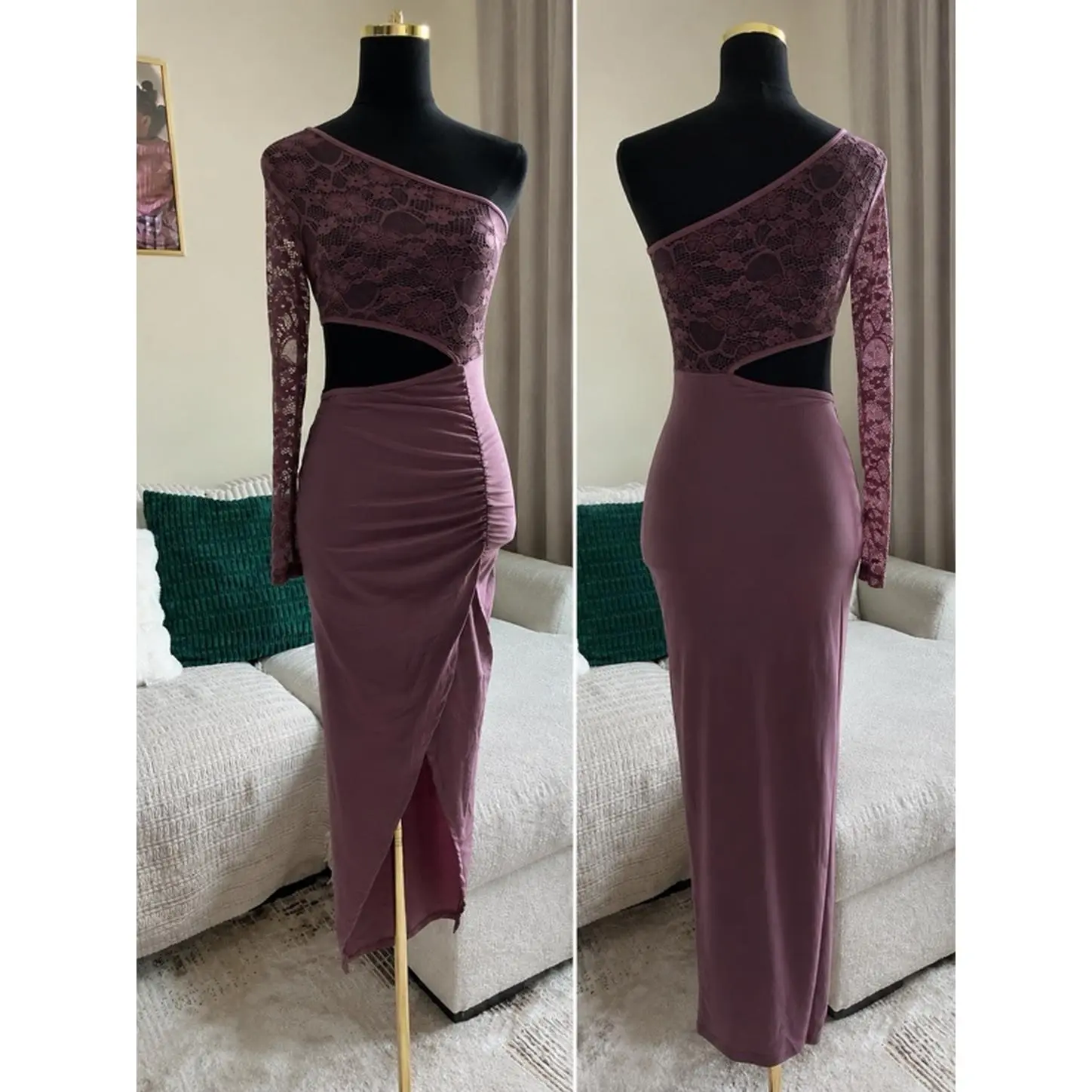 Maroon One-Shoulder Dress with Long Sleeves, Available in Small, Medium, and Large Sizes