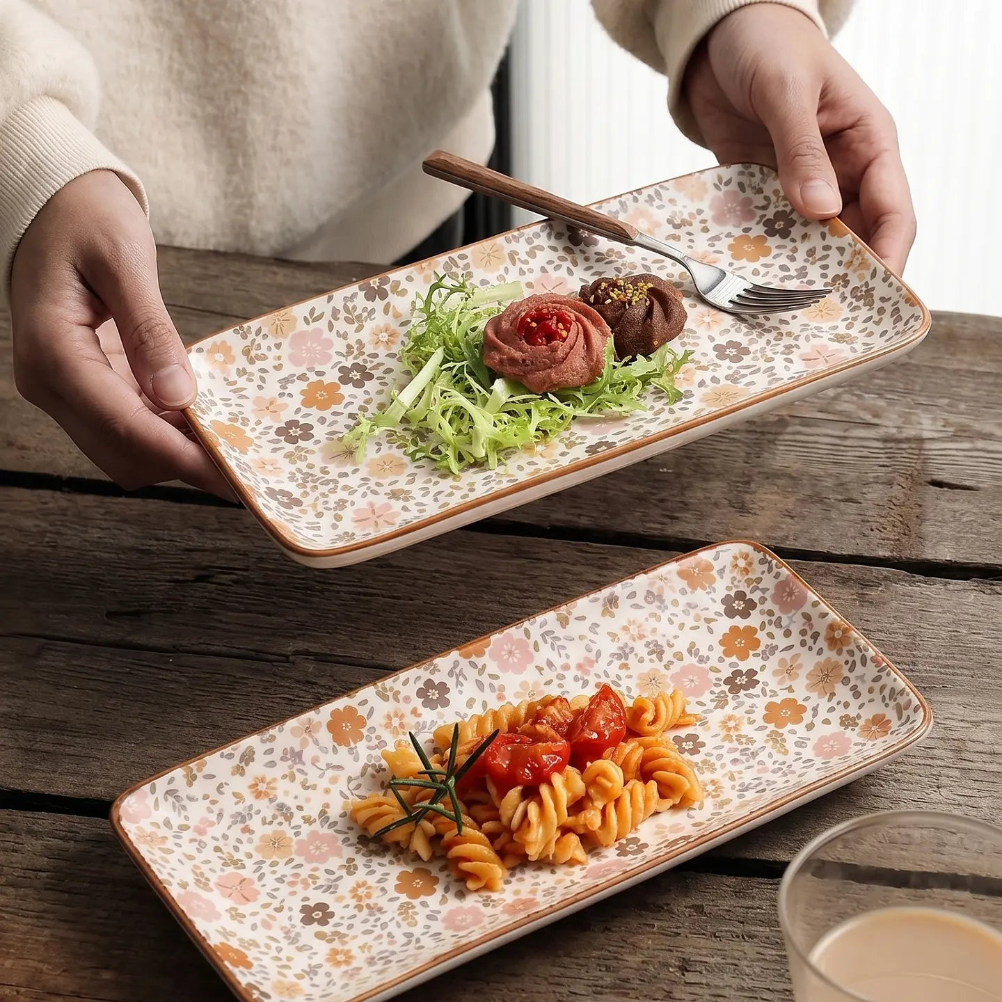 HongDian Japanese Floral Ceramic Plate 2 Pack,8 in Rectangular Serving Dish,Pink Beige,Premium Ceramic,SGS Tested Underglaze Fade Resistant,Microwave Dishwasher Oven Sterilizer Safe,Dessert Pasta Salad Snack Serving Table Setting Gift Decor, Decorated Pla
