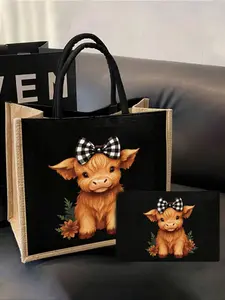 Bow Highland Cow Print Linen Handbag Set, Handheld Bag Purse, Cute Bow Leopard Design, Large Capacity, Perfect Gift for Women, Mother, Teacher, Friend, Bohemian Shopper Handbag
