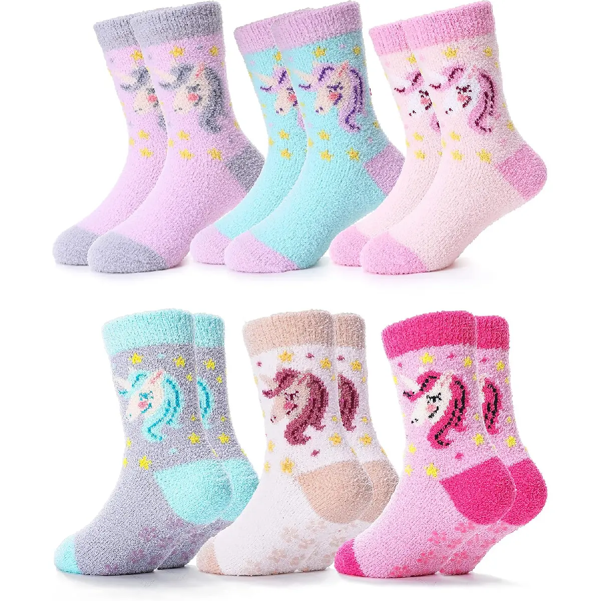 Toddler Socks 6-Pack, Warm Fuzzy Plush Crew Style with Non-Slip Grips, Graphic Unicorn & Mermaid Print for Ages 1-7Y, Graphic Ankle Socks, Slip-Resistant, 1-3T, Crew Sock Packs