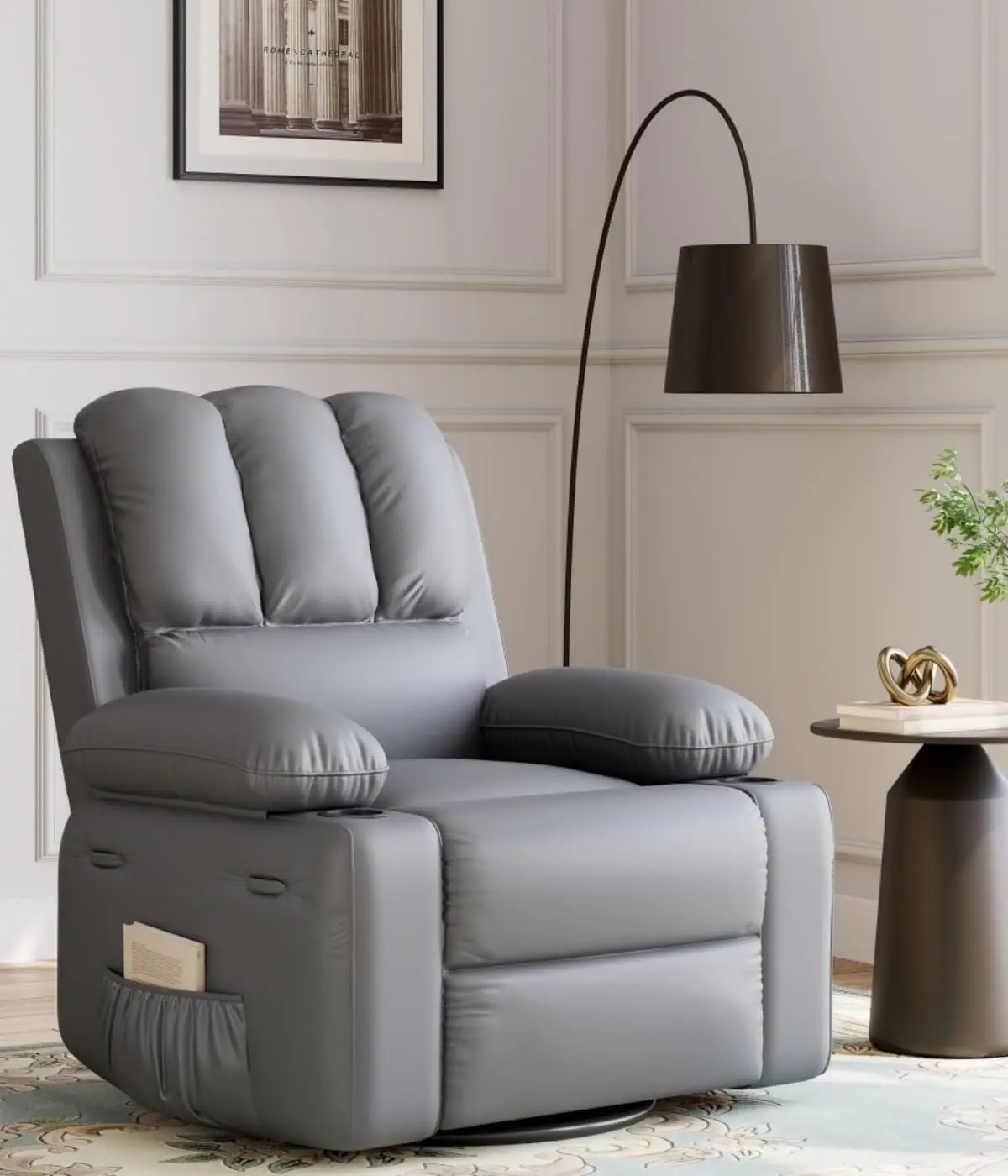 Oversized PU Leather Manual Swivel Rocking Recliner Chair with Armrest - Tool-Free Assembly, Massage Heat Therapy, Cup Holder, Rock Base, Sponge Padding, Remote Control - Living Rooms, Nurseries Indoor Furniture Comfy Couch, Swivel Chairs