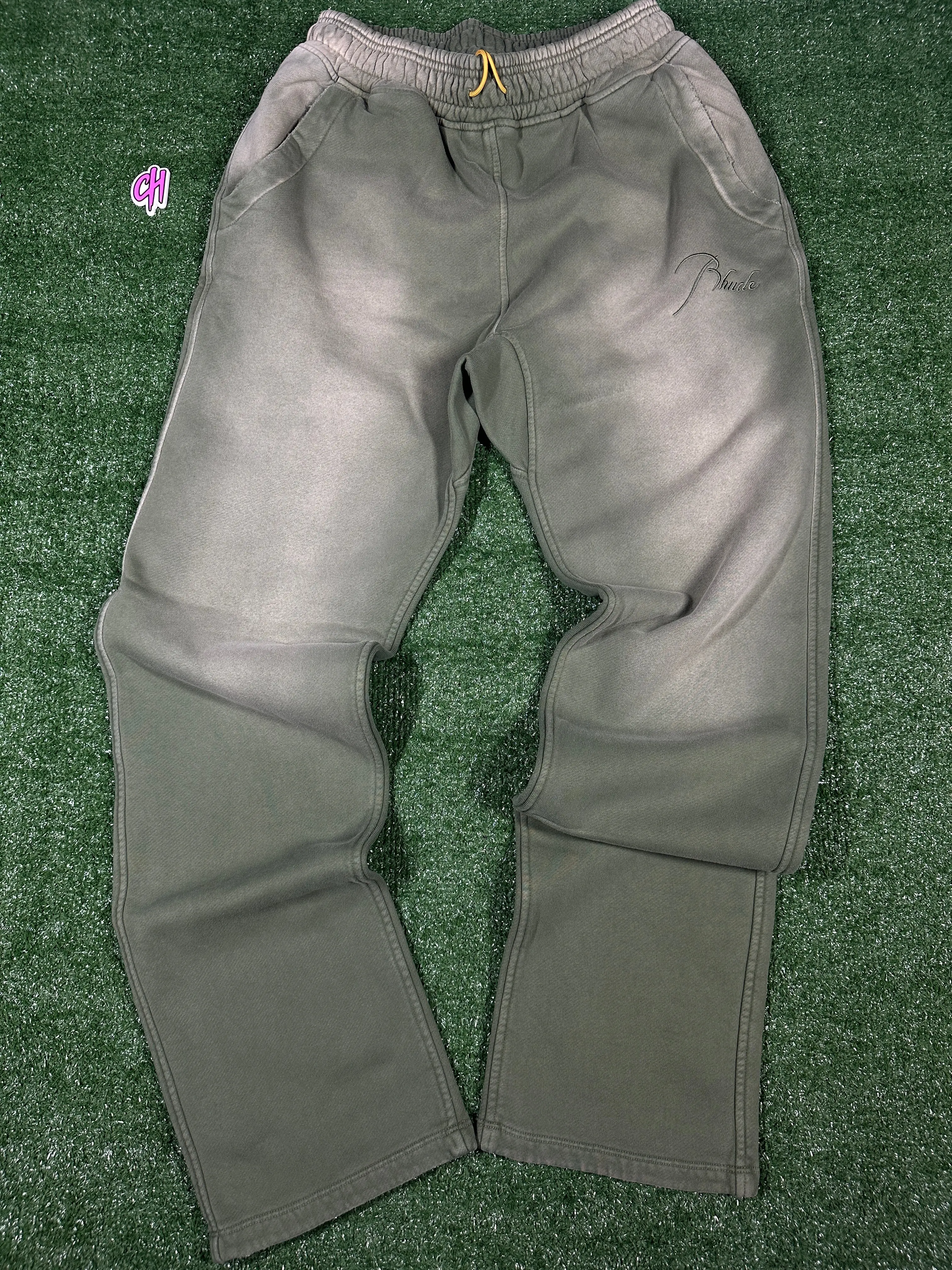 RHUDE Authentic Men's Sundry Olive Heavyweight Embroidered Logo Sweatpants LG MSRP: $765.00