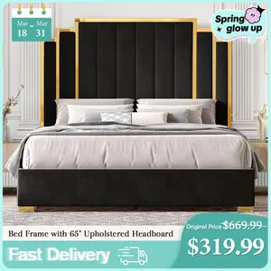 AMERLIFE Platform Bed Frame, Velvet Upholstered Bed with Gold Trim Headboard/Wooden Slats/No Box Spring Needed,Best Gift Ideas/Christmas Gifts