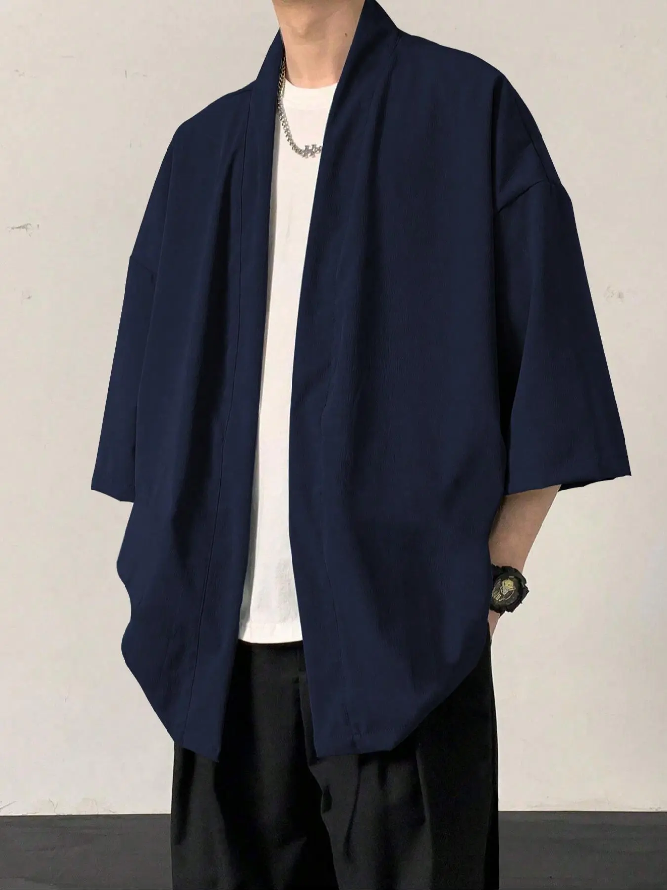Men's Solid Color Open Front Kimono Cardigan, Casual Breathable Short Sleeve Top for Summer Menswear Clothes