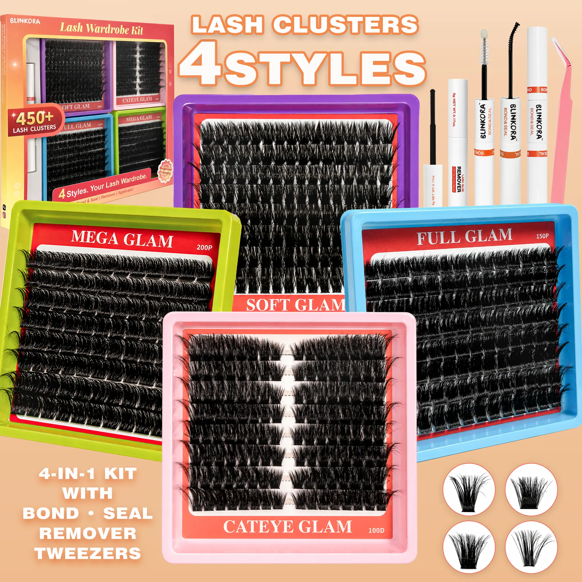 Blinkora DIY Eyelash Extension Kit, 4-in-1 Lash Wardrobe with 450+ D Curl Lash Clusters, Includes Bond & Seal, Reusable Waterproof for Wispy & Spiked Styles, Eyelashes Extensions, Lash Cluster