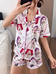 2-Piece Cartoon Character Pajama Set with Demon Hunter Theme - Trendy K-POP Style Short-Sleeve (Button Collar + Pockets) - Soft Lightweight Adult Loungewear Home/Pajama Set for K-POP Lovers Nightwear