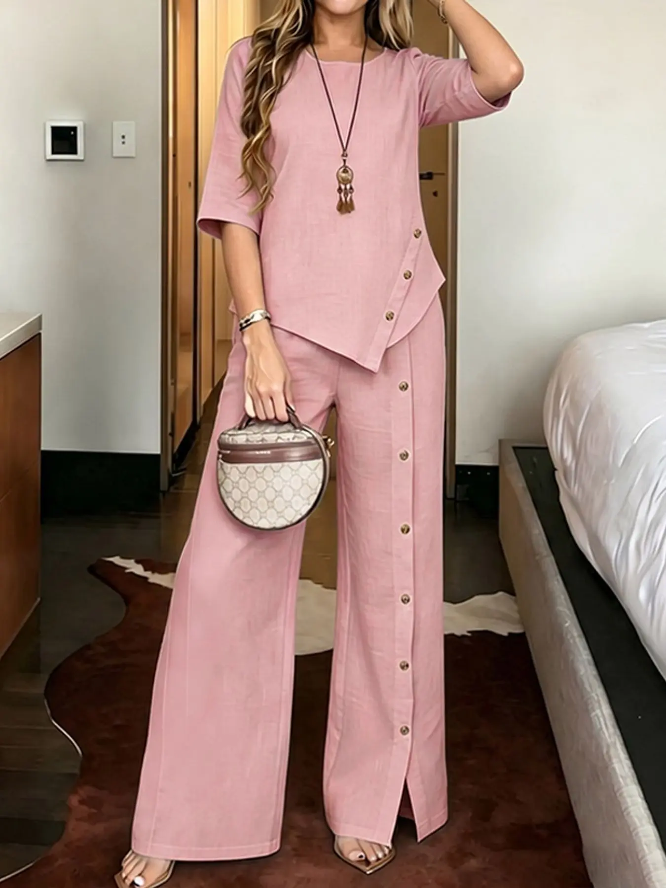 ZANZEA Women's Casual Fashion Round Neck Asymmetrical Hem Blouse Top and Split Hem Baggy Pants Set, Two-Piece Set, European and American Style, Clothes