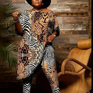 Pamela plus size zebra and leopard print off the shoulder set.