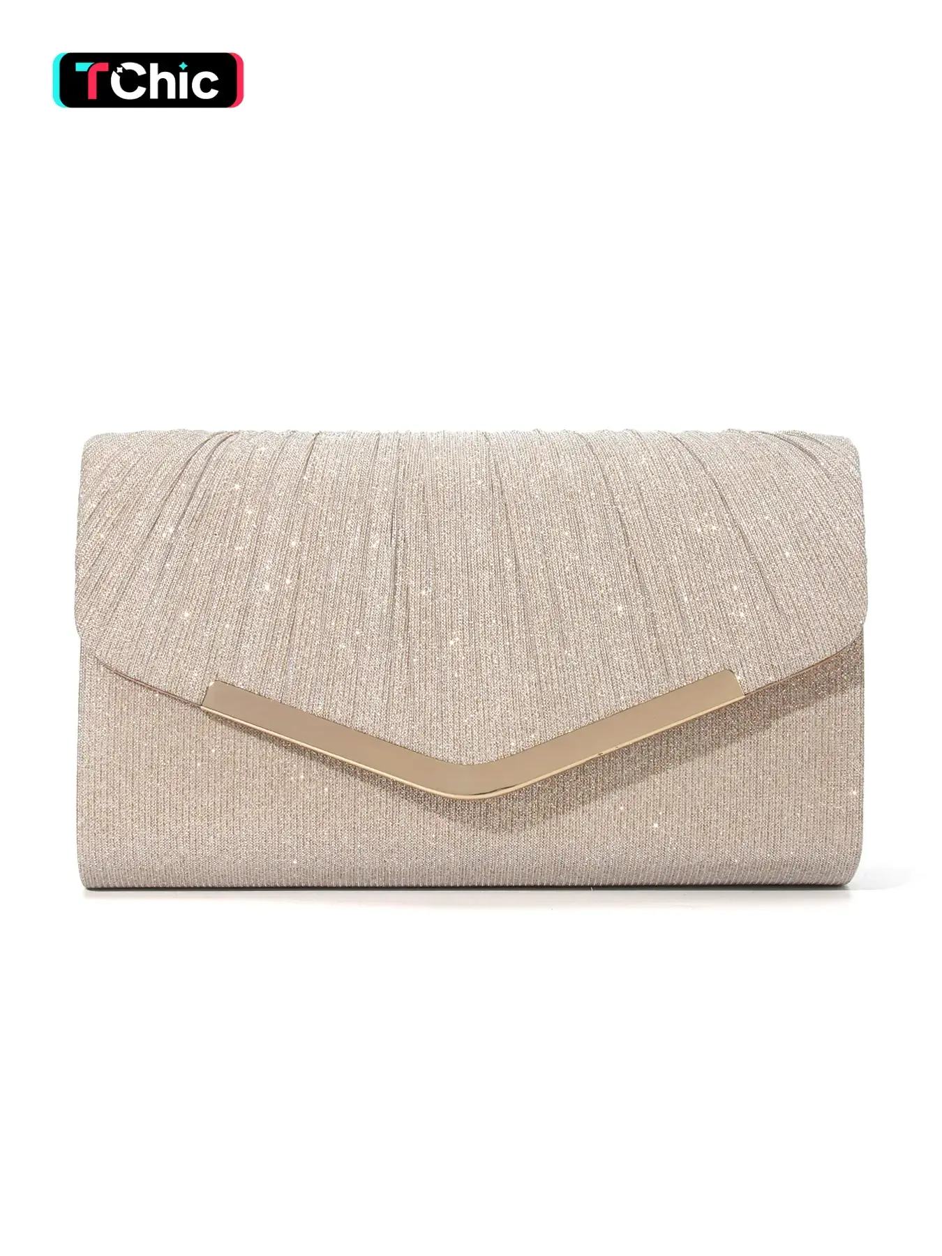 Stylish Pleated Women's Evening Clutch, Embellished Clutch, Envelope Bag, Handbag, Wallet, Versatile Chain Shoulder Crossbody Bag, Elegant Stylish Purse, Perfect for Weddings, Parties, Banquets, V-Shaped Metal Accents, Magnetic Closure
