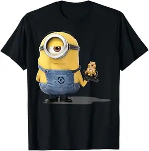 Despicable Me Cute Yellow Character Graphic Stuart With Cookie Funny Graphic T-Shirt #Minions #DespicableMe #CartoonTee #FunnyTShirt #GraphicTee