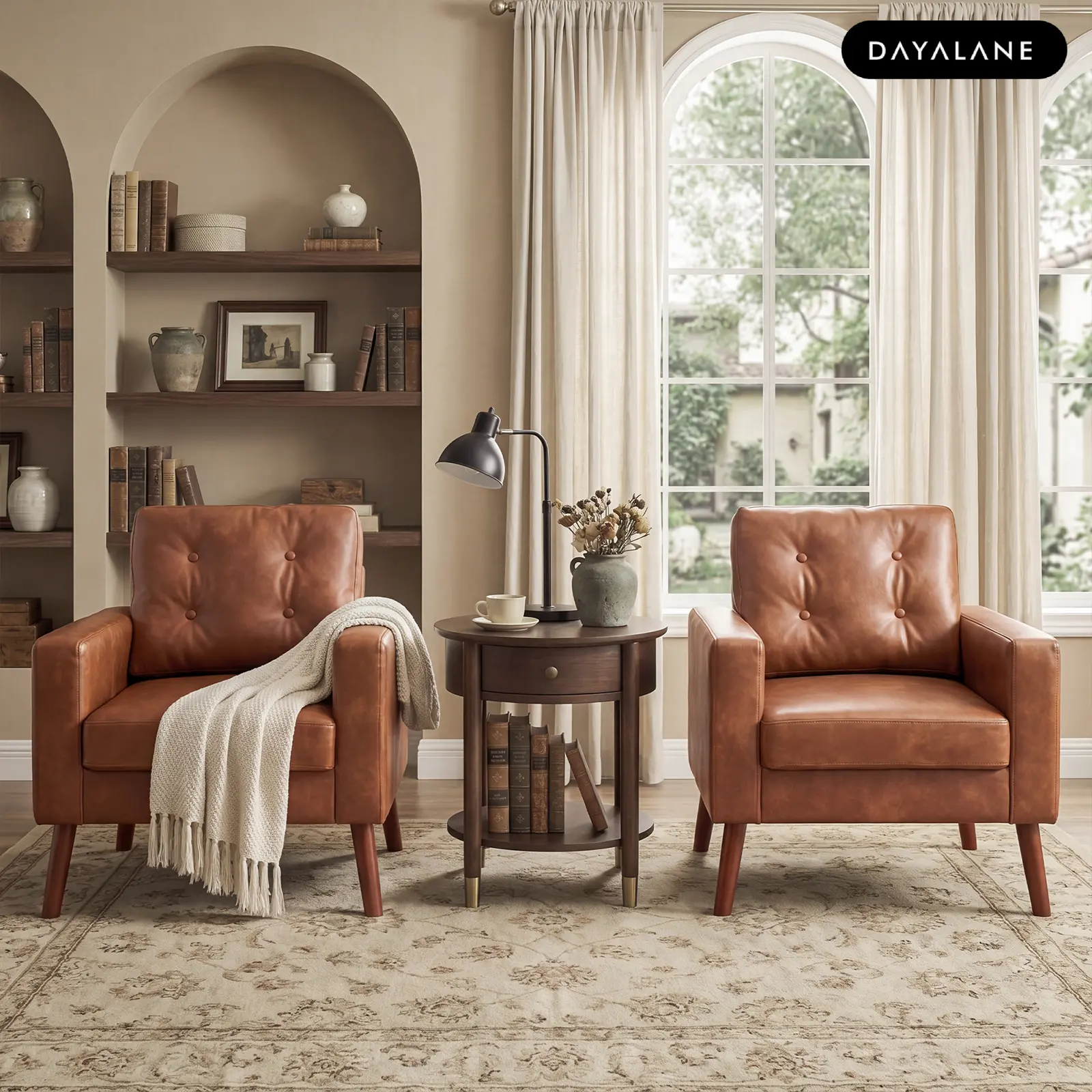 [BackToSchool]DAYALANE Modern London Accent Chair Leather Armchair with Wood Legs Brown Upholstered 17.7" Tufted Backrest 9.8" Thick Cushion Compact Size Vegan Leather Sturdy Base Brown