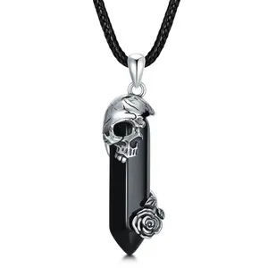 Skull Necklace 925 Sterling Silver Skull and Rose Pendant Necklace Black Quartz Crystal Gothic Halloween Jewlery Gifts for Women Men