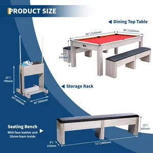 Red,7FT 3-in-1 Pool Table with Dining Top & Table Tennis | Billiard Table Set with Accessories (Balls, Cues, Ping Pong) | HDF Wood Grain Finish | Includes Rolling Storage Caddy