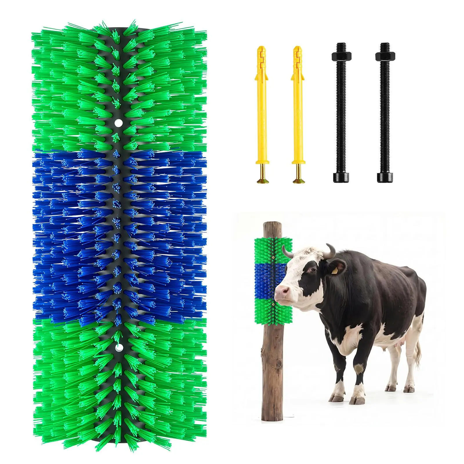 【SummerFinds】VEVOR Livestock Scratching Brush, 1PC Goat Scratcher Brush Post with 4 Screws, 16.9" x 7.5" Cow Scratcher for Back Itch Relief, Massage Grooming Scratch Tool for Horse Cattle Sheep Pig, Green & Blue
