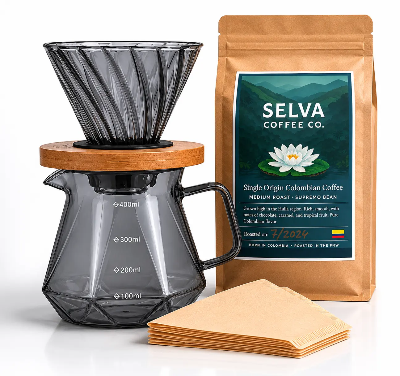 STARTER KIT BUNDLE: v60 + Filters + 1 - 16oz Whole Bean - Medium Roast