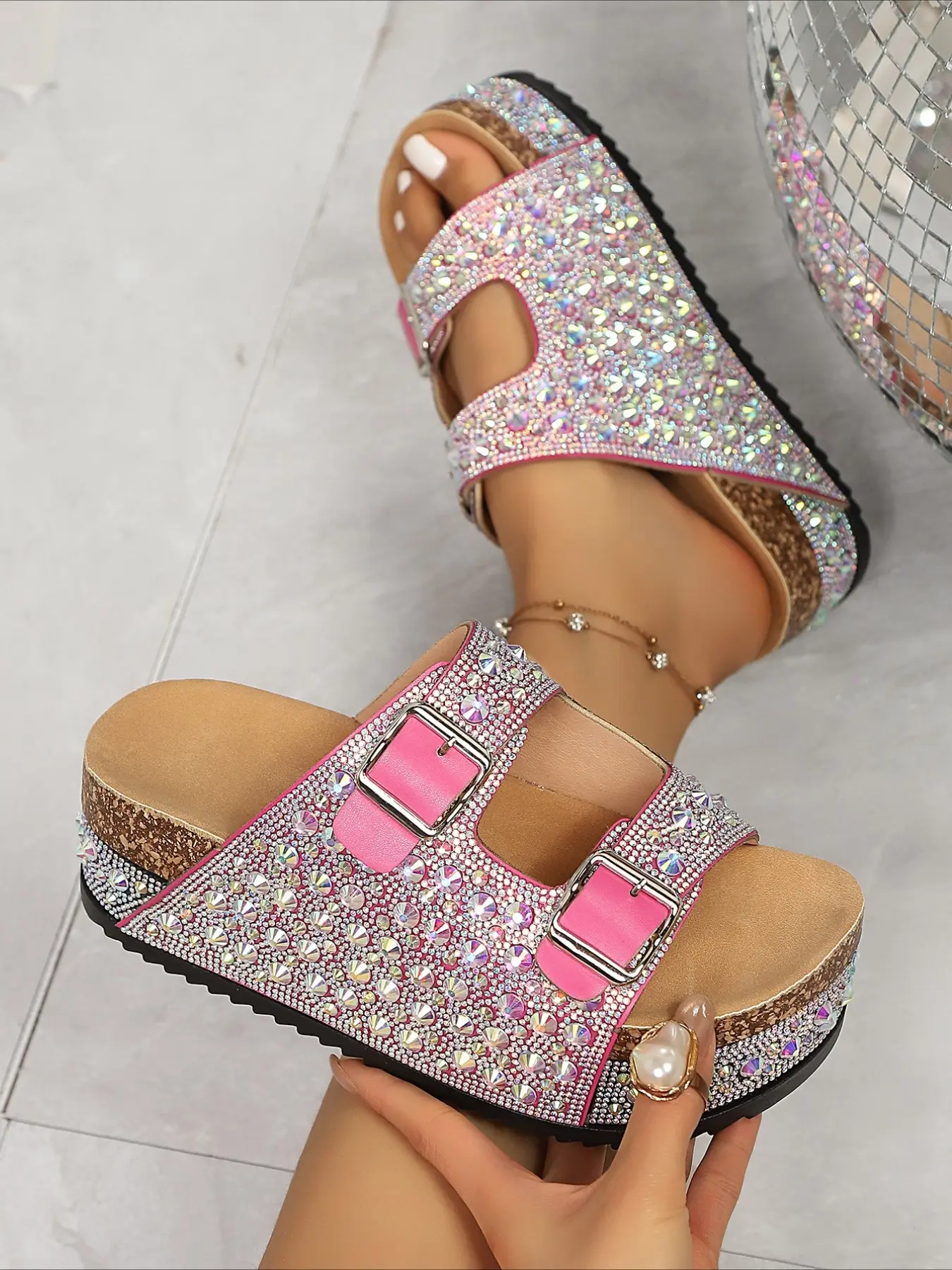 Sparkly Rhinestone Double Buckle Platform Sandals, Comfy Wedge Slides for Summer, Non-slip Thick Sole Casual Shoes