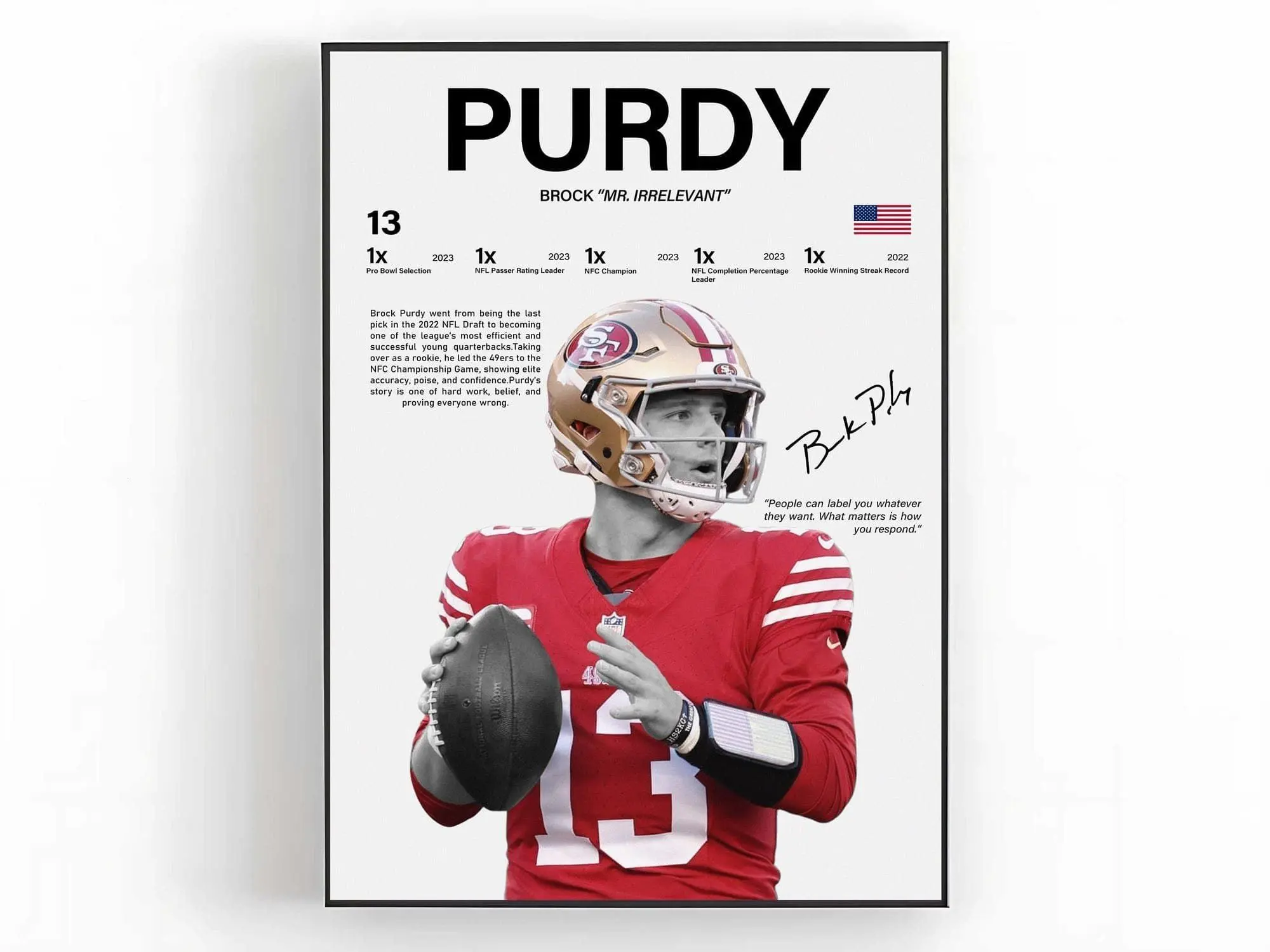 Brock Purdy Poster  Wall Art Print Sports Room Decor Fan Gift ( Unframed - Print Only )