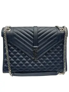 Pre-owned Yves Saint Laurent CALFSKIN LEATHER Shoulder Bags YSL MONOGRAM MATELASSE ENVELOPE NAVY LARGE