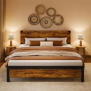 King Bed Frame, King Size Bed Frame with Wood Headboard, King Platform Bed Frame with Under Bed Storage and Metal Legs, Noise Free, No Box Spring Needed, Easy Assembly-Rustic Brown Unique Bedroom Furniture