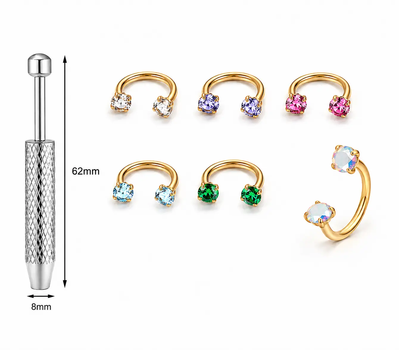 6pcs Value Pack 316L medical-grade titanium steel 18G 1.0mm Horseshoe Nose Hoop Internally Threaded Gems Nose Ring with Free Ball Holder & Guiding Needle