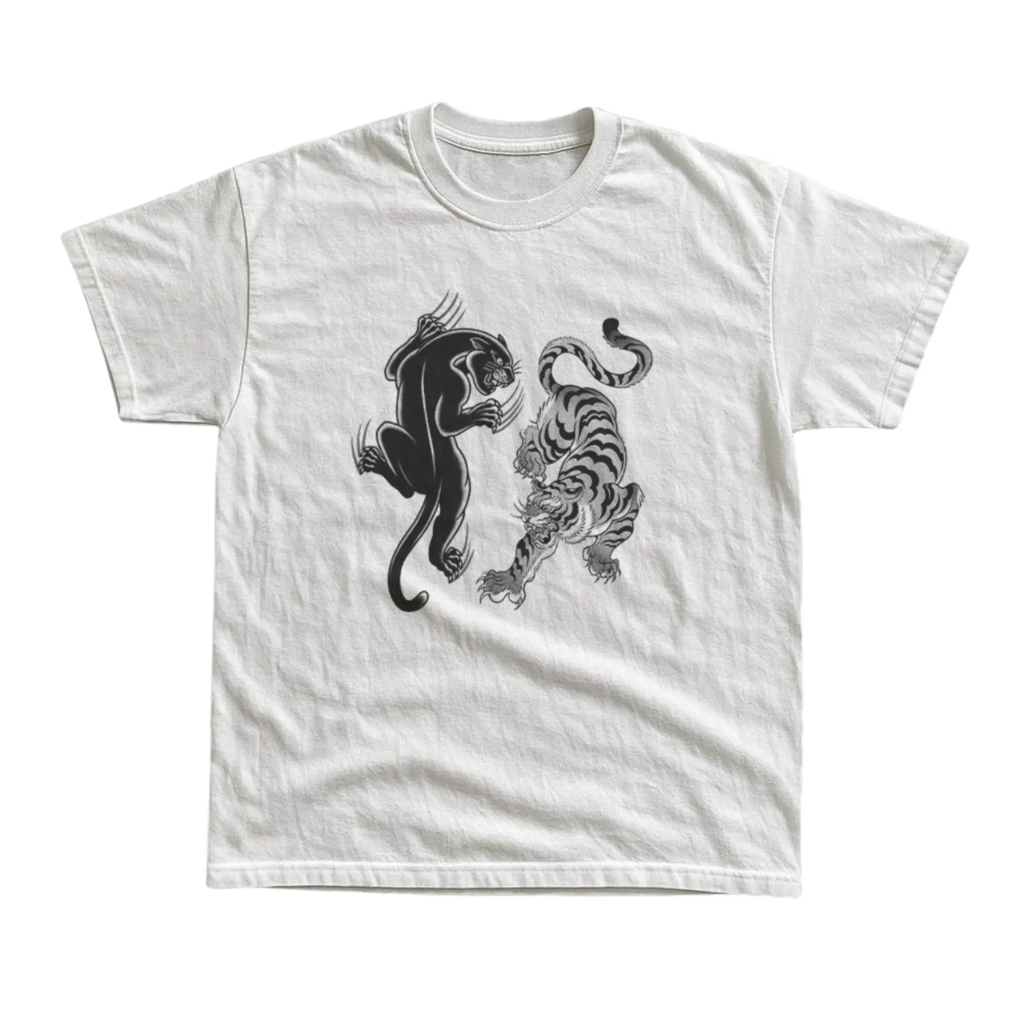 Classic Fighting Panther And Tiger Tattoo Graphic T-Shirt, Distressed Retro Traditional Animal Flash Ink Illustration Print, Unisex White Heavyweight Streetwear Tee, Edgy Gift