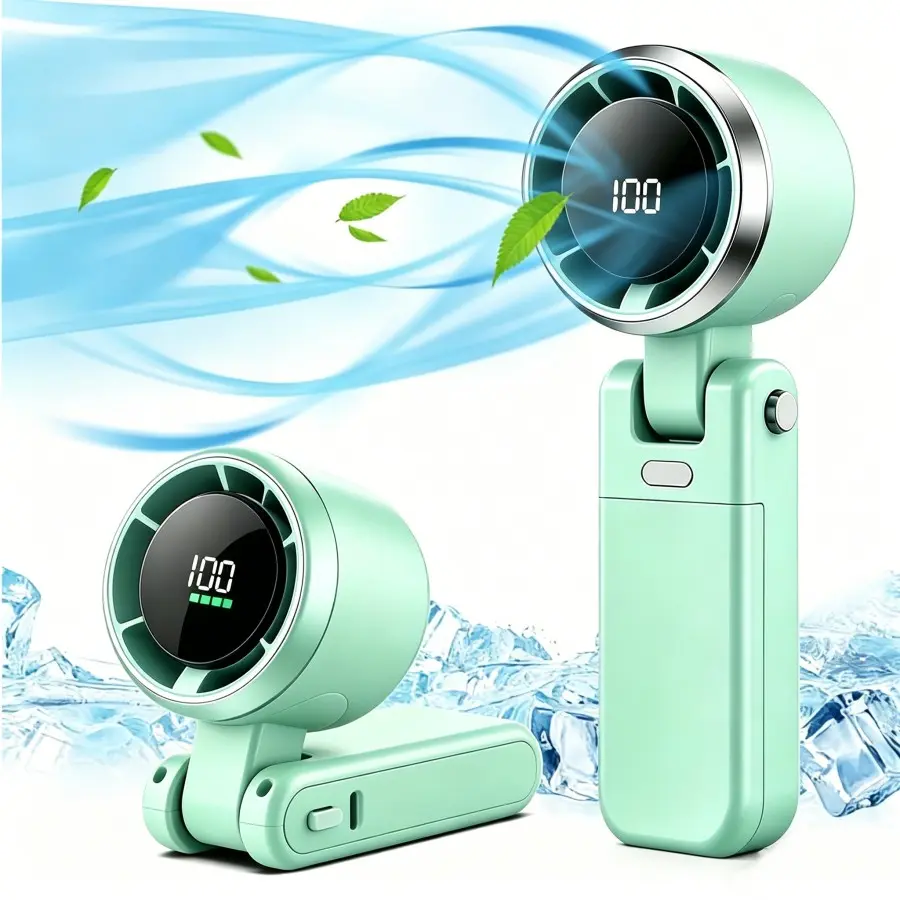 Handheld Turbine Fan with Handle, 100-Level Wind Speed, LED Digital Display, 5000mAh High-Capacity Cells, USB-C Fastcharging, Brushless Motor, Powerful Cooling, 3-in-1 Handheld/Desktop for Office, Outdoor Use