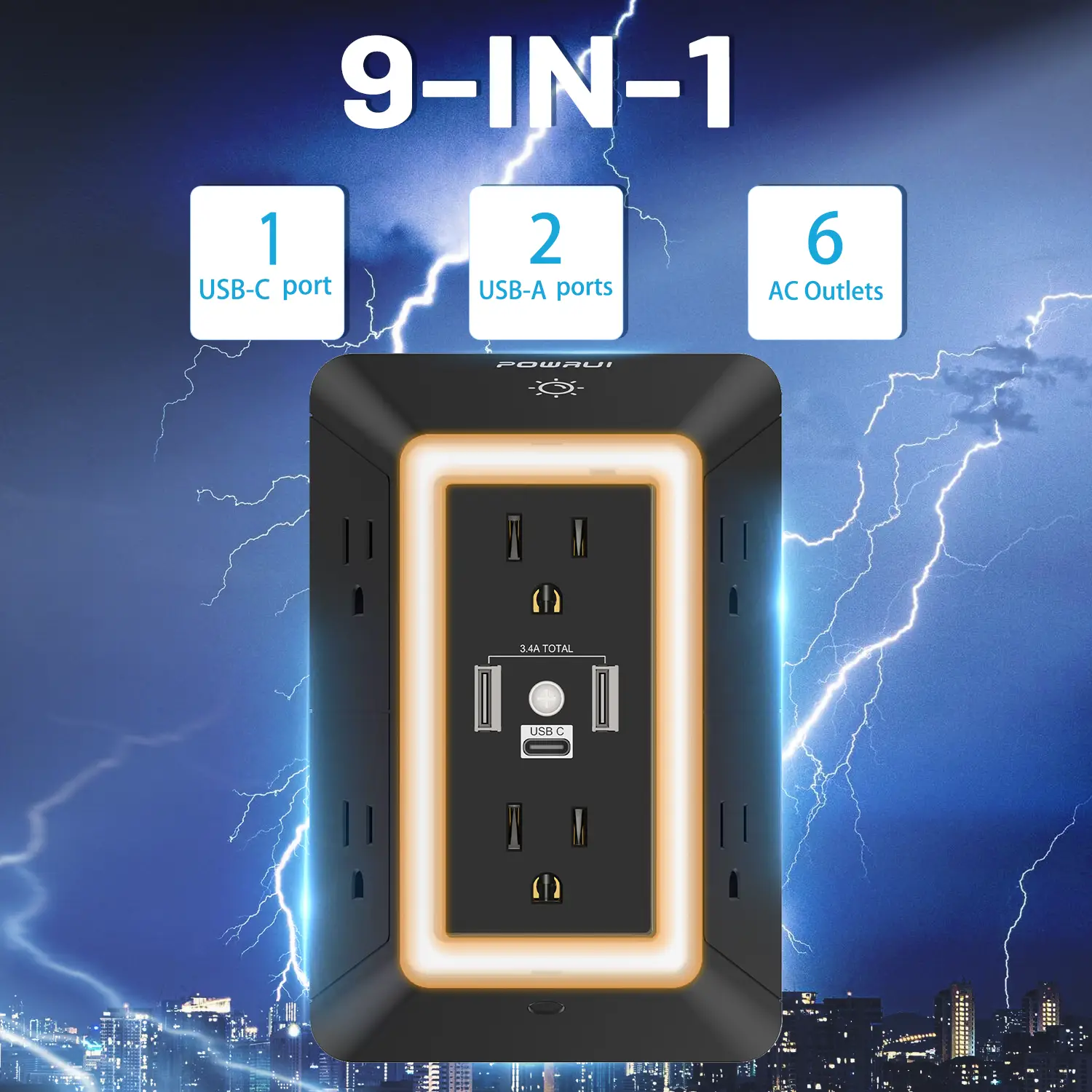 POWRII 9-IN-1 Wall Plug Upgrade with 5 AC Outlets 2 USB-A & 1 USB-C Ports Night Light Surge Protection Socket Holder Accessory for Bedroom Kitchen Hal