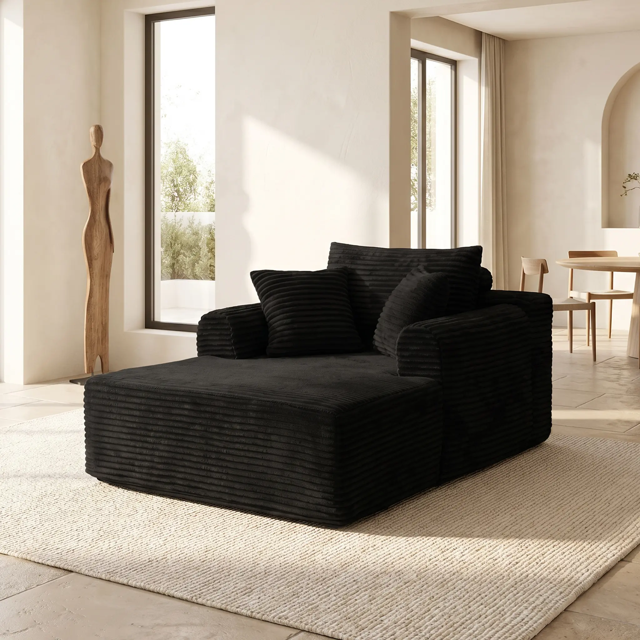 Oversized Boneless Luxurious Plush Corduroy Chaise Lounge Sofa Bed - Upholstered Indoor Sleeper Chair with Armrests, Throw Pillows, No Assembly Required, Black Couch for Living Room Sectional,dorm essentials,home decor