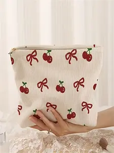 Fashion Cherry Bow Printed Corduroy Makeup Bag, Lightweight Multi-Functional Cosmetic Storage Pouch, Lined Travel Essential