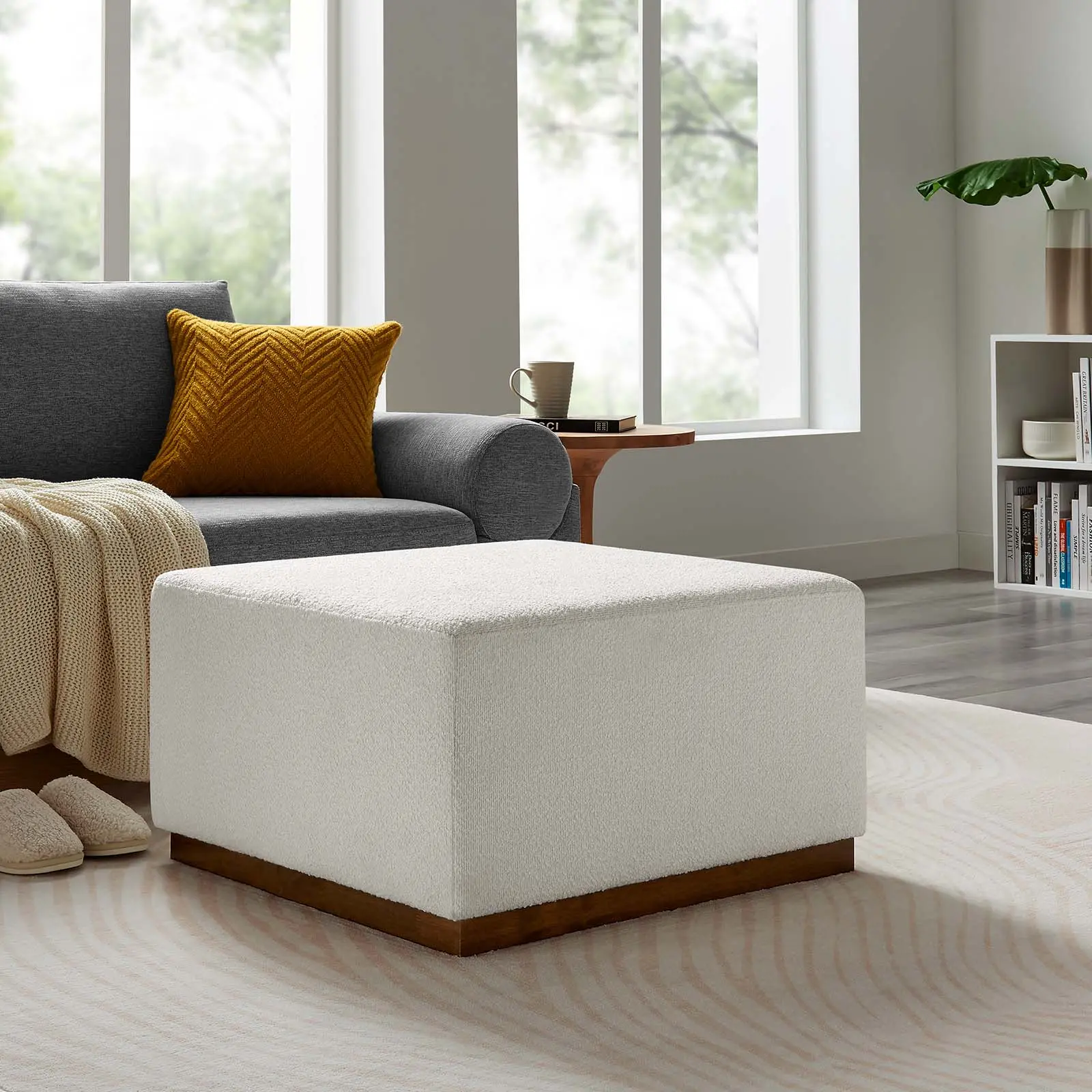 Modway Tilden Large 28" Square Boucle Upholstered Ottoman in Cloud Walnut