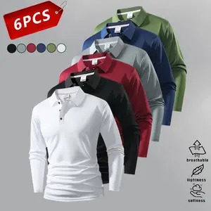 Pack of 6 Men's Long-Sleeve Polo Shirts Solid Colors Mix and Match Versatility for Any Style Travel Business Golf Sport Casual Long Sleeve mens shirts Breathable Lightweight Softness Menswear Overall mens shirts Pullover mens shirts Stylish Tops