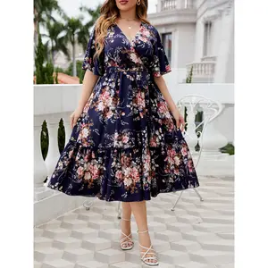 Women’s Plus Size Floral Print Dress V-Neck A-Line Midi with Short Bell Sleeves Elegant Casual Summer Outfit in Knitted Polyester Fabric