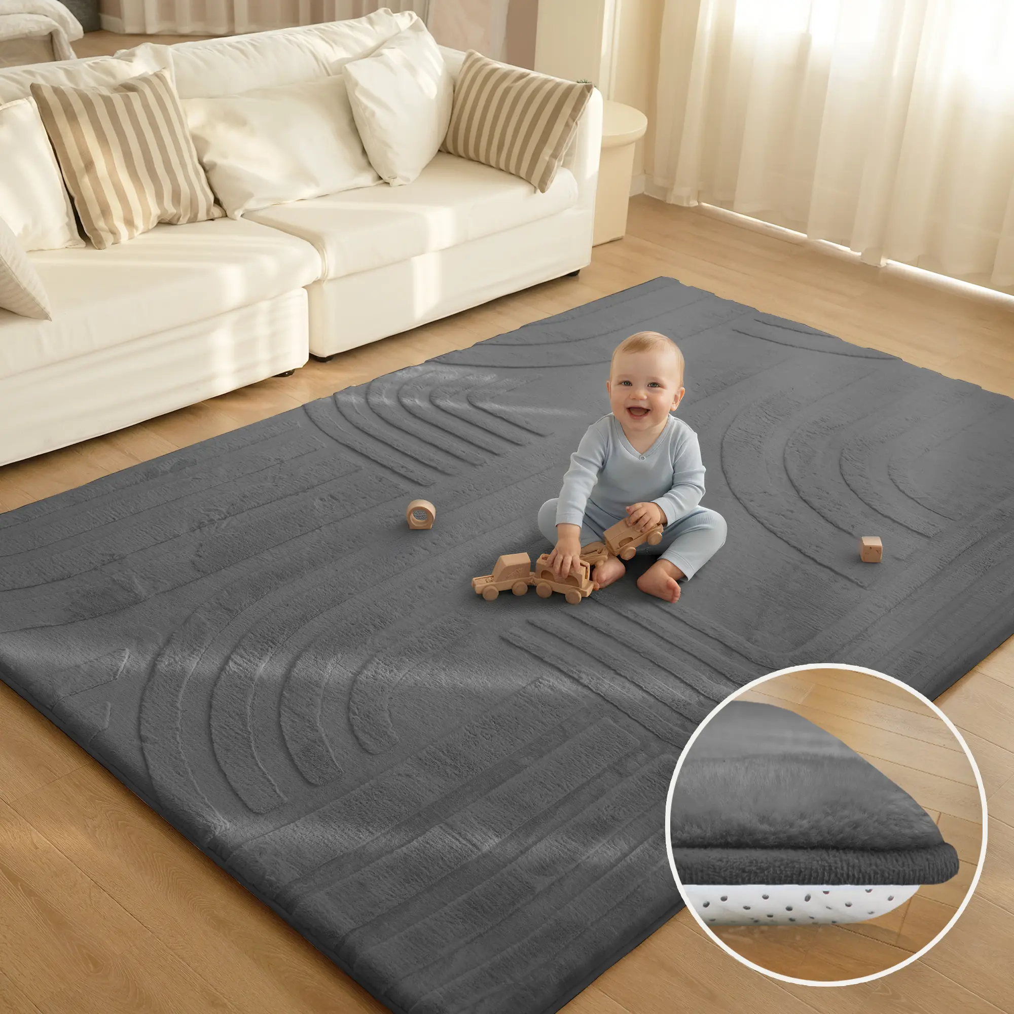 Huloo Sleep Ultra Soft 3D Carved Faux Rabbit Fur Baby Play Mat – 1.3" Extra Thick Fluffy Non-Slip Rug, Perfect Area Carpet for Nursery, Playroom & Living Room