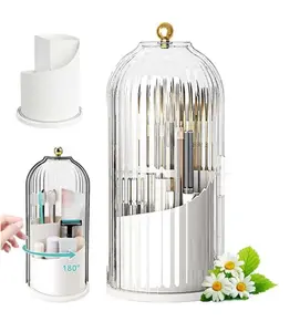 2PCS Makeup Brush Holder with Lid,Makeup Brush Storage Box with Diamond Pattern,360 Rotating Waterproof and Dustproof Beauty Brushes Storage for Vanity Bathroom,White