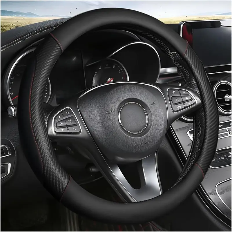 Car Steering Wheel Cover, Universal Leather Auto Steering Wheel Protector, Carbon Fiber Anti-Slip Auto Interior Accessories For Men and Women, 15 inch for Most Cars, Trucks, SUV