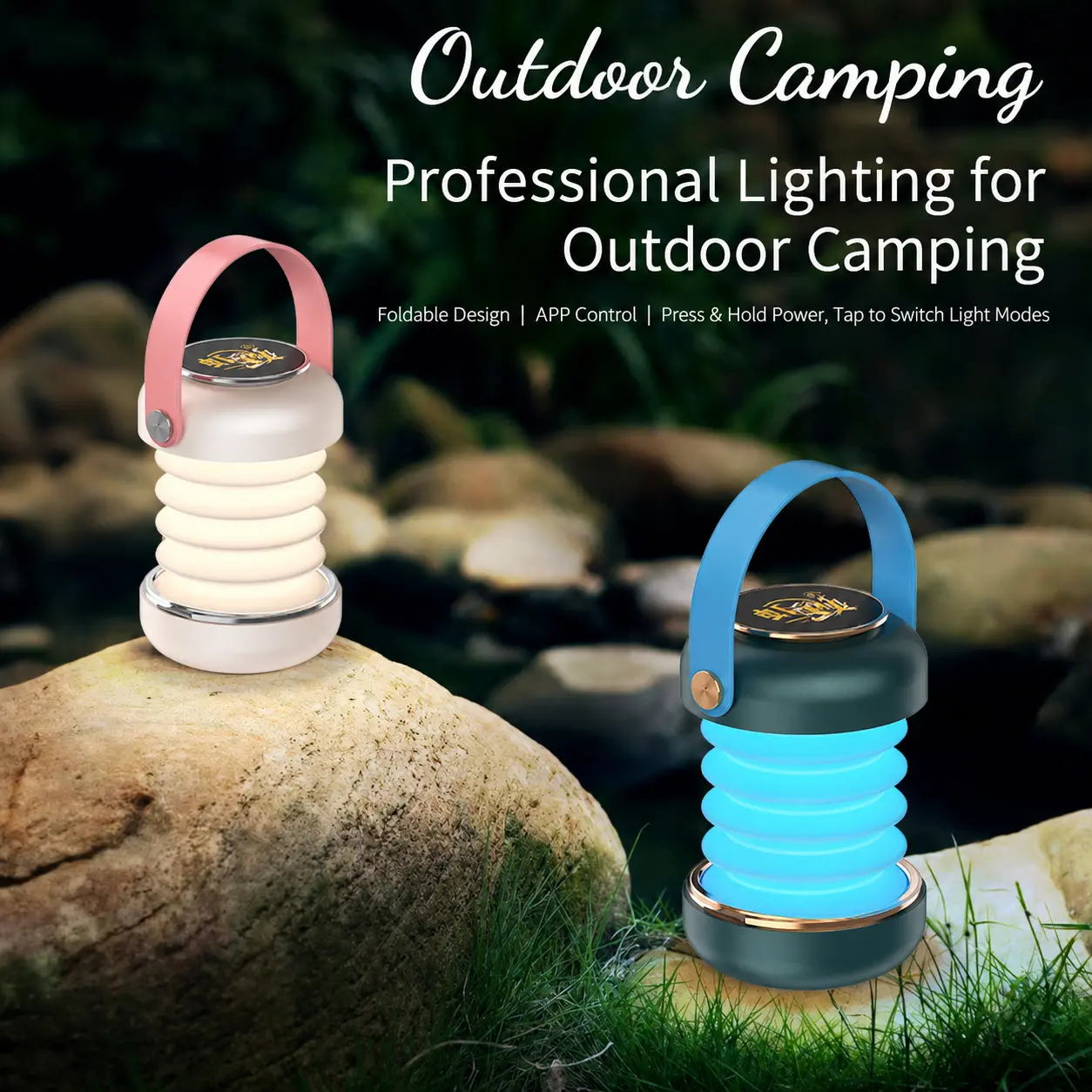 Portable RGB Camping Lantern with Bluetooth Music & App Control - Stepless Dimming, Foldable Design, Color Changing Light, Compact & Easy to Carry for Outdoors, Camping, and Parties