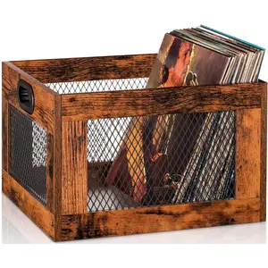 Vinyl Record Storage Crate Wooden Record Holder, Classic Cube Record Organizer Fits 100+ Records, Brown Vinyl Record Holder for Albums Super Easy to Assemble