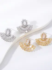 Sparkling Fan Shaped Crystal Earrings for Women, Rhinestone Statement Drop Earrings, Silver Color Multi Color Jewelry