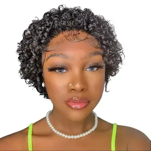 v-like Lightweight 13*1 Frontal Lace Short Curly Pixie Human Hair Wig for Black Women, Dyeable, Heat-Treatable Lace Closure Wig,summervibes