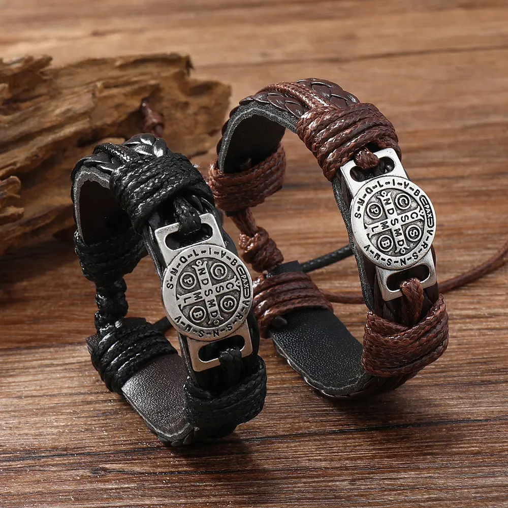 2Pcs Vintage Braided Leather Bracelets for Men, Saint Benedict Medal Punk Style Wristband, Handmade Retro Religious Jewelry Gift, Adjustable Fashion Accessory for Daily Wear & Street Outfit