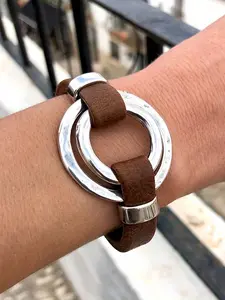 Boho Style Vintage Double Ring Design Bracelet, Fashionable PU Leather Bracelet for Women & Men, Trendy All-match & Exquisite Jewelry for Birthday Gift, Boho Style Bangles, Bohemian Bracelets