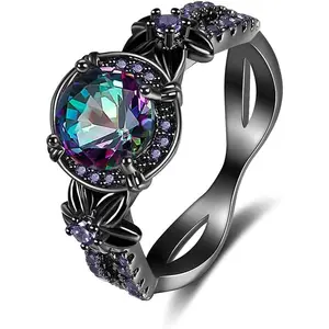 Gothic Black Rings for Women, Mystic Rainbow Topaz with Created Amethyst Flower Goth Black Gold Wedding Engagement Ring Size 6 to 11