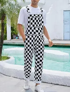 Yuanbang Christmas Overalls for Men, Checkered Sleeveless Adjustable Denim Bibs with Pockets, Menswear Plaid Fashion Coveralls