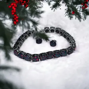 Black Opal Tennis Bracelet - 7.5 Inch with 2 Inch Extension - Stainless Steel with Rhodium Plating, October Birthstone - Golden Fantasy