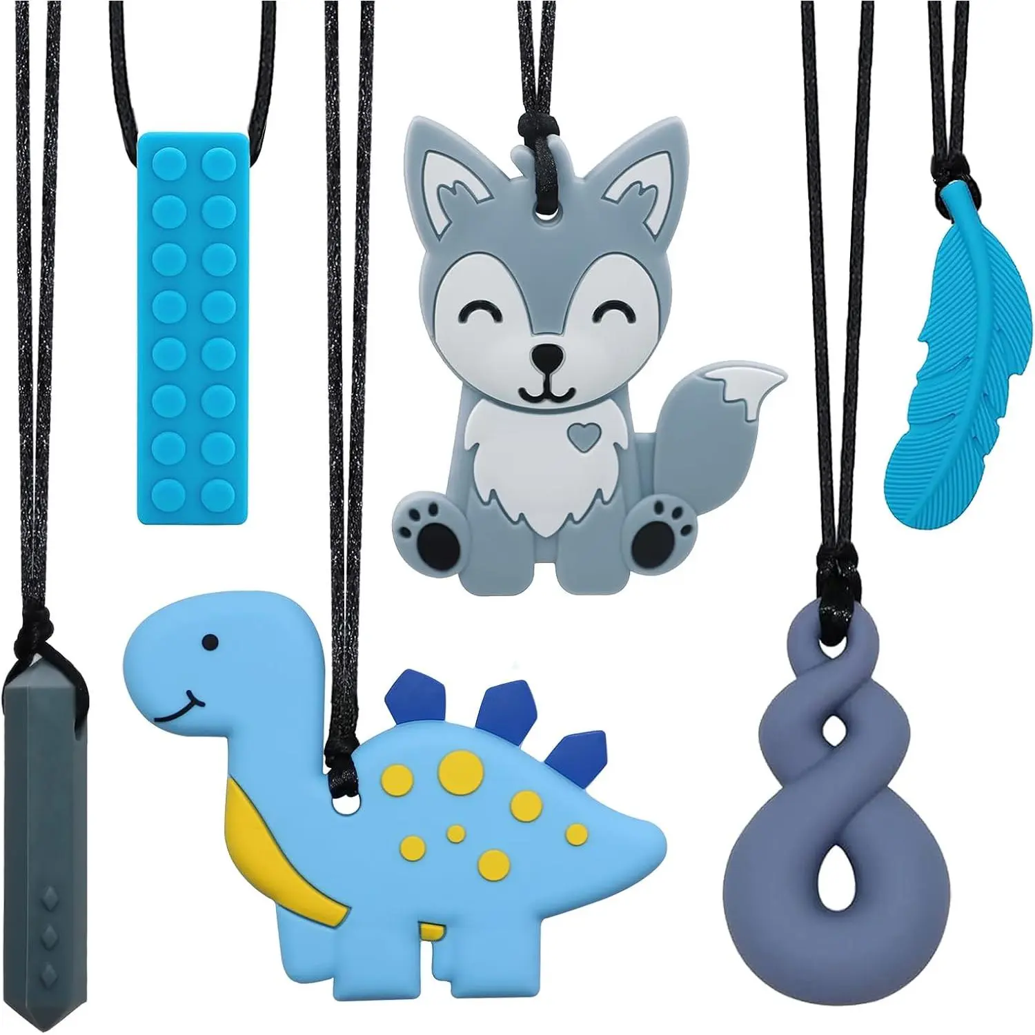 JNS16 Chew Necklaces for Sensory Kids and Adults, Sensory Necklace for Boys and Girls with Autism, ADHD, SPD, 6 Pack Chewy Necklace for Anxiety Fidgeting Relief