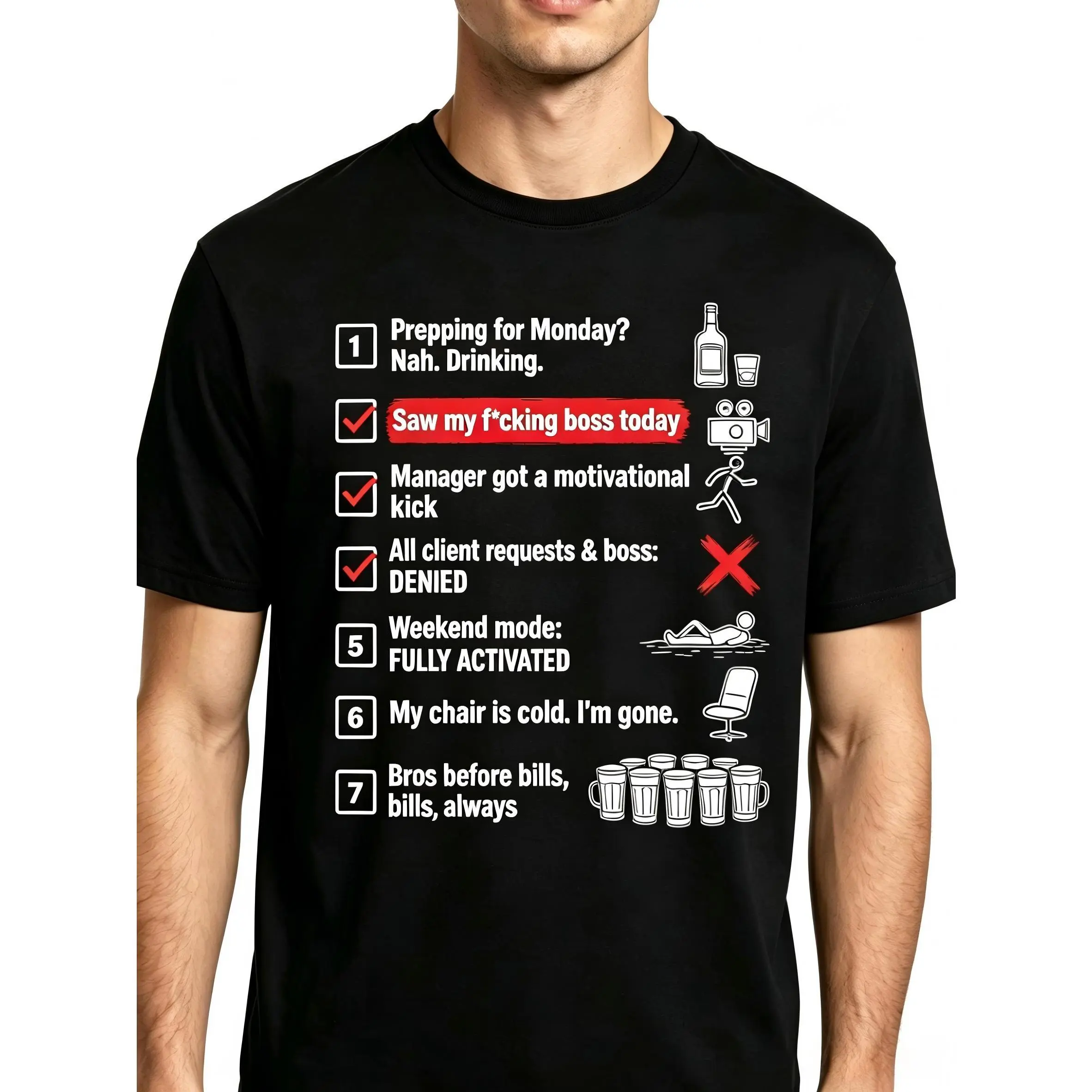 Work Checklist Weekend Mode, Funny Office Humor, Men Graphic T Shirt, Casual Short Sleeve, Crew Neck, Anti-Work Boss Joke Tee, Weekend Mode Activated, Work Sarcasm Gift, Drinking After Work, Novelty Cotton T-Shirt