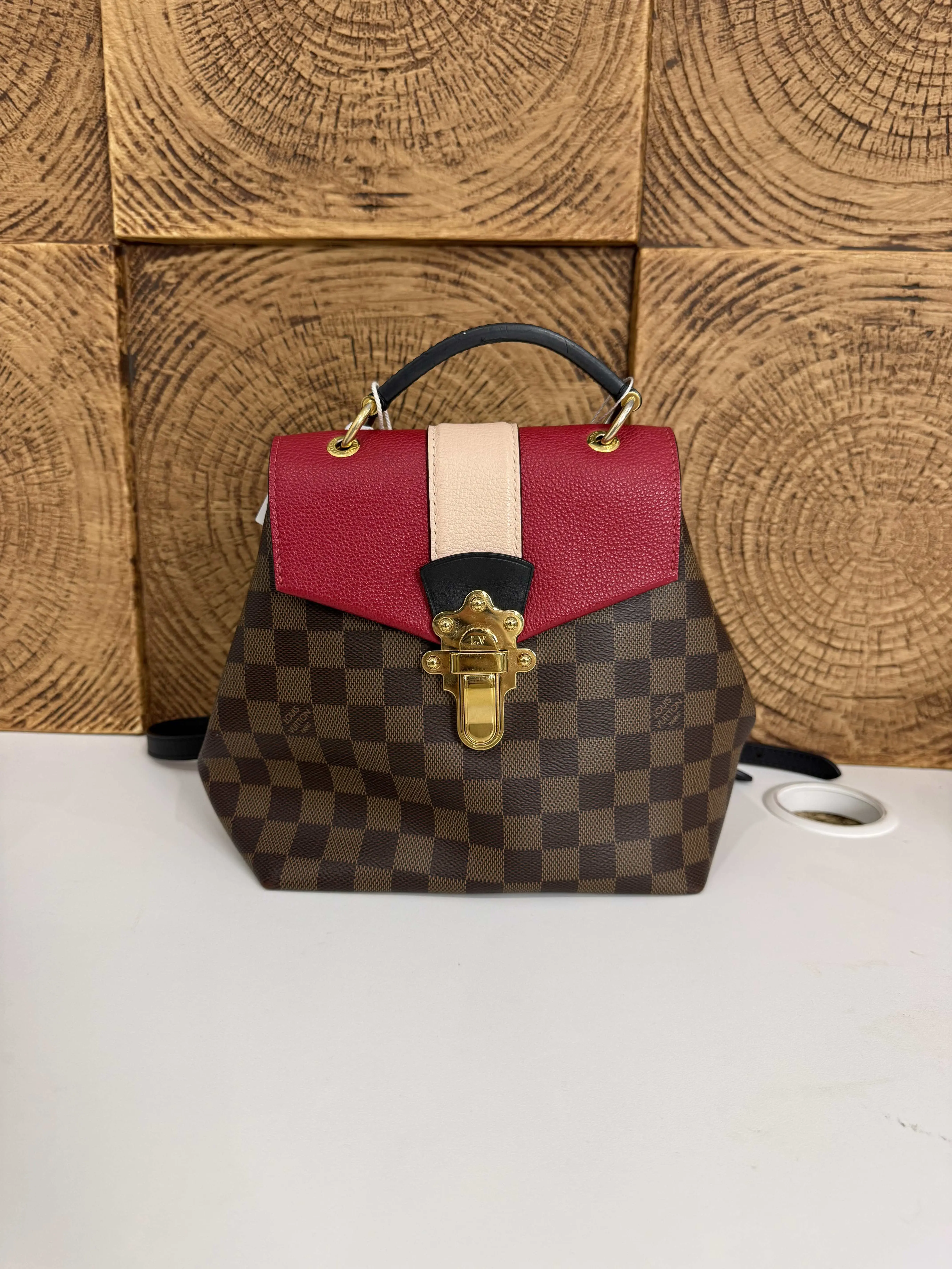 Pre-owned Louis Vuitton LV Hybrid Backpack in Classic Damier Ebene Featuring Vibrant Red & Cream Leather Accents, Polished Gold Tone S lock & Versatile Convertible Strap