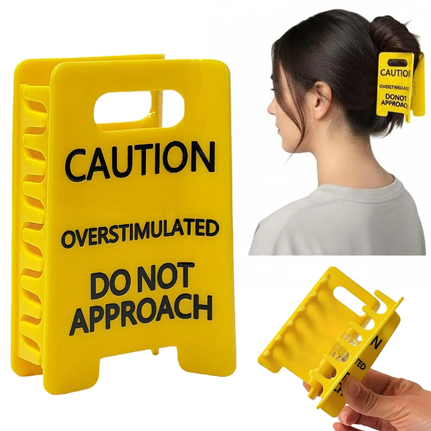 MUNBYN Funny  Hair Claw Clips Overstimulated Caution Sign Hair Clips Do Not Approach Sign Hair Accessories Non Slip Large Shark Jaw Clamps Strong Hold Hair Barrettes for Thick Thin Hair, 1Pcs