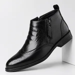 YANXIANSHOES Men's Leather Brogue Ankle Boots, Fashion Footwear with Zipper Closure, Black Walking Shoes